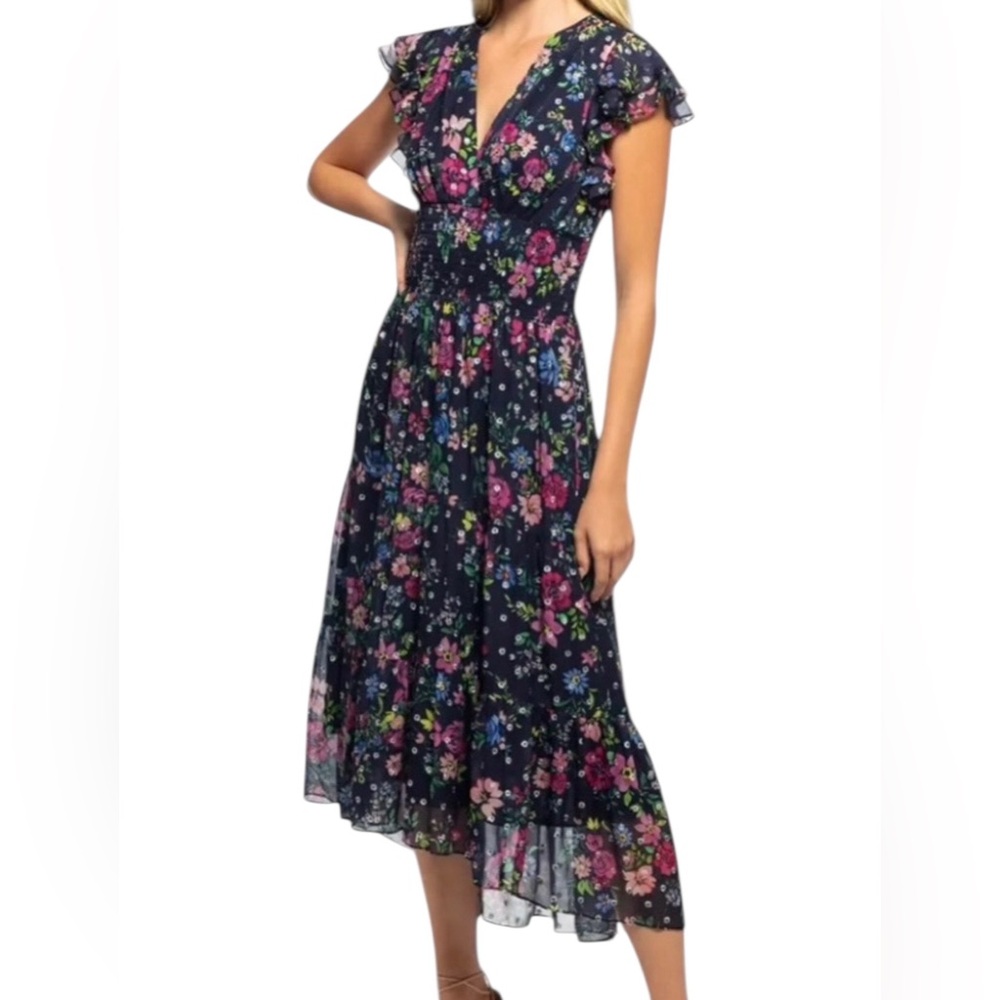 Shoshanna Neal Floral Chiffon Flutter Sleeve V-Neck Smocked Waist Midi Dress